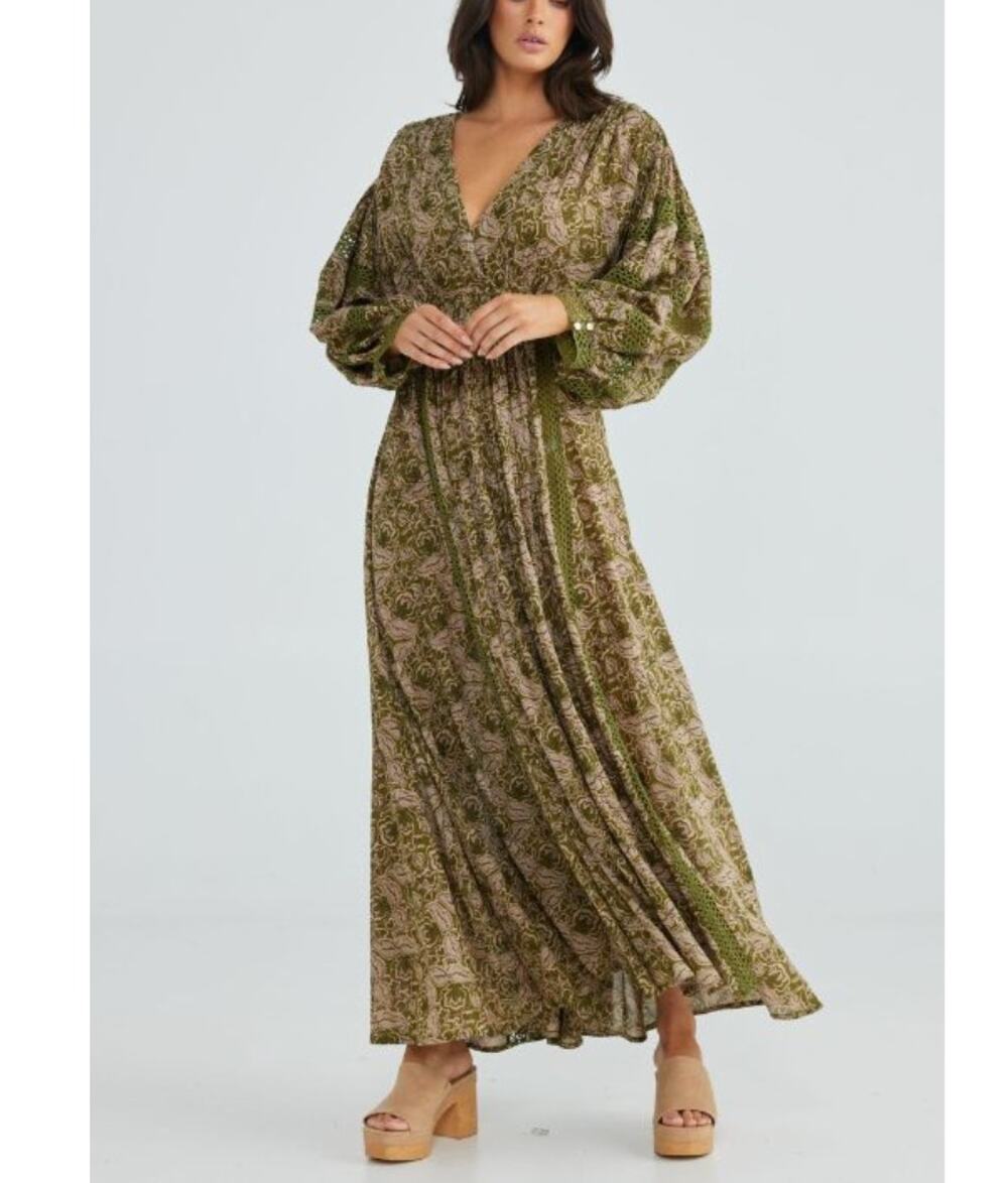 Talisman Australia Pharoah Maxi Dress Eden Olive Green Tan Size Medium NWT Lace